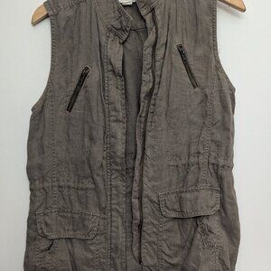 100% linen Caslon olive green utility vest, zip, inner cinch sash, fits like M?